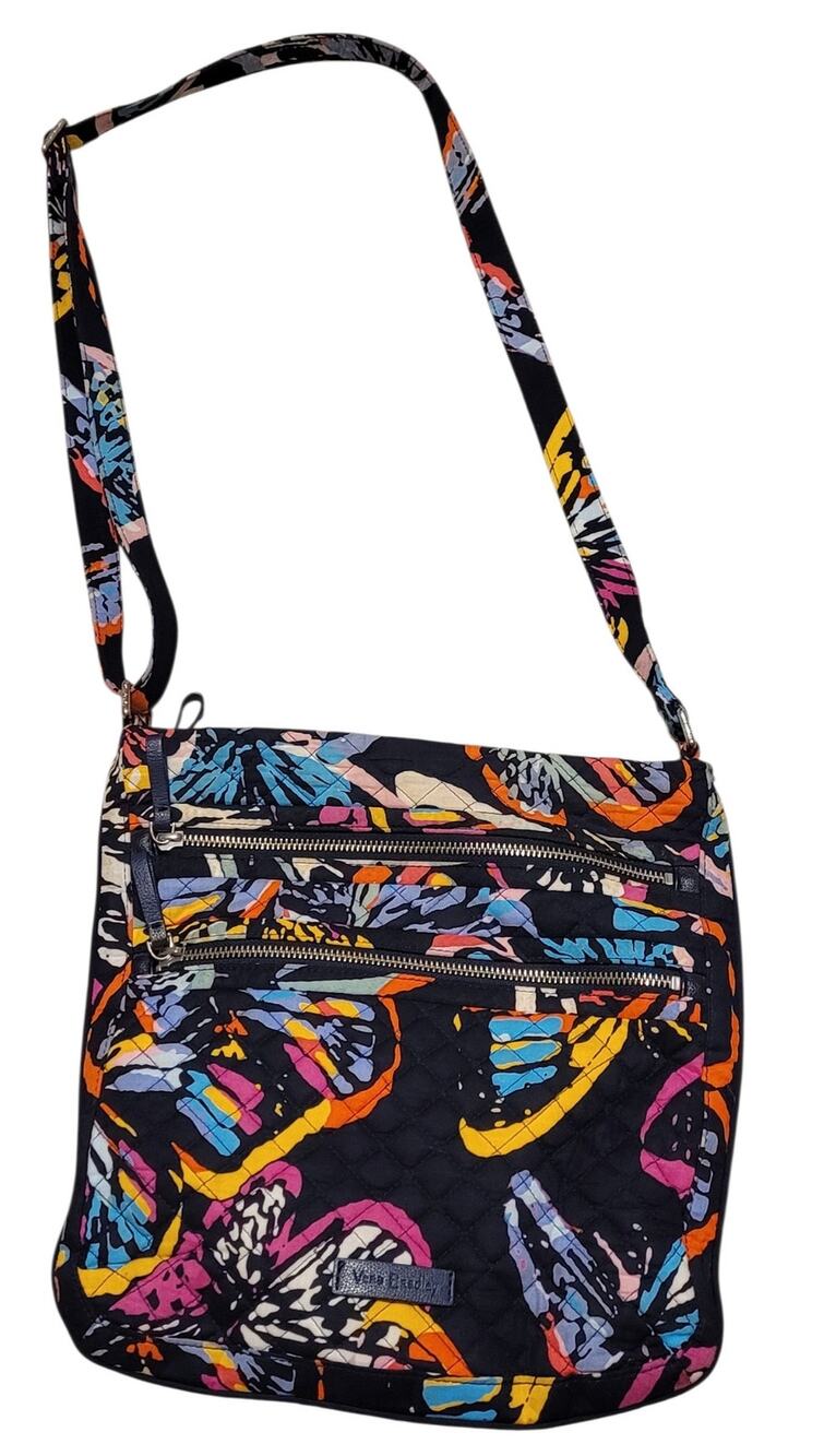 Vera Bradley Triple Zip Hipster Crossbody Bag Floral Butterfly Quilted Black EUC